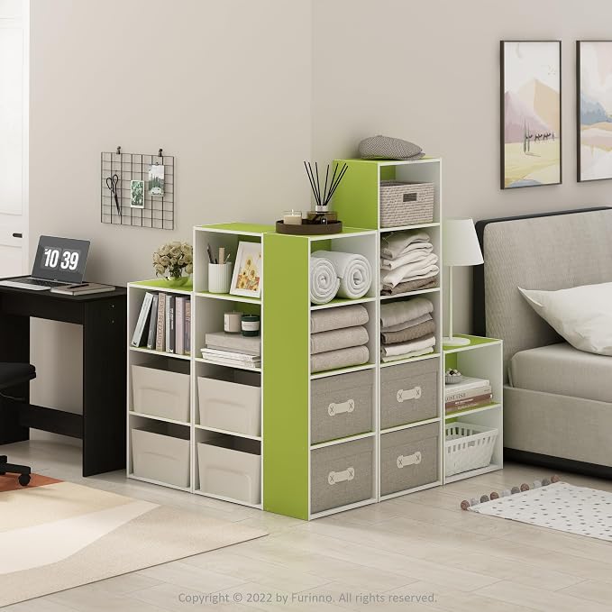Furinno LUDER 4-Tier Book Shelf, Open Shelves Bookshelf, Green/White | 9 x 15.6 x 41.7, Closed Back, Modern Bookcase, for Living Room, Bedroom, Home Office