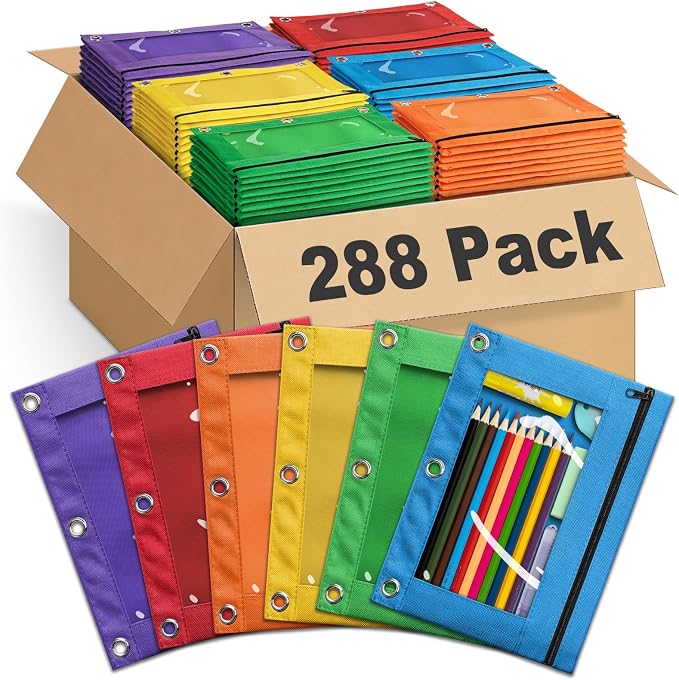 288 Pack Bulk 3-Holes Zipper Pencil Pouches for 3 Ring Binder | Sturdy Cloth Pencil Case, Durable, Clear Window, Office, School and College Supplies