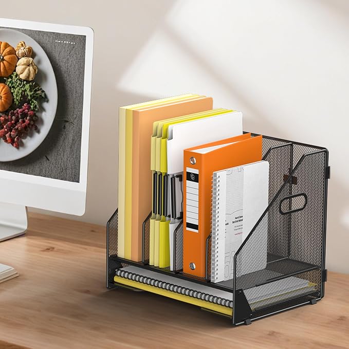 Docnest Mesh Desk File Organizer, 4 Vertical Compartment Box Sorter, Black | Features 3 removable middle dividers for custom spacing and a bottom letter tray to hold paper, mail, and documents