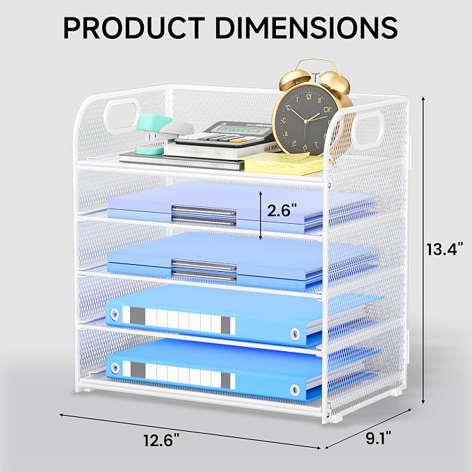 5-Tier Stackable Paper Organizer with Handle, White | Metal Mesh Desk Organizer Letter Tray, Office Storage & Organization for Home, School & Workplace