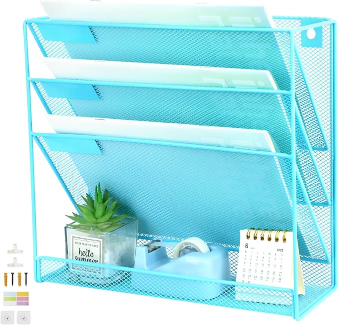 3 Pockets Mesh Wall File Holder Organizer with Bottom Flat Tray, Office Hanging File Folder Magazine Rack, Nametag Label Hooks Set Included, Blue