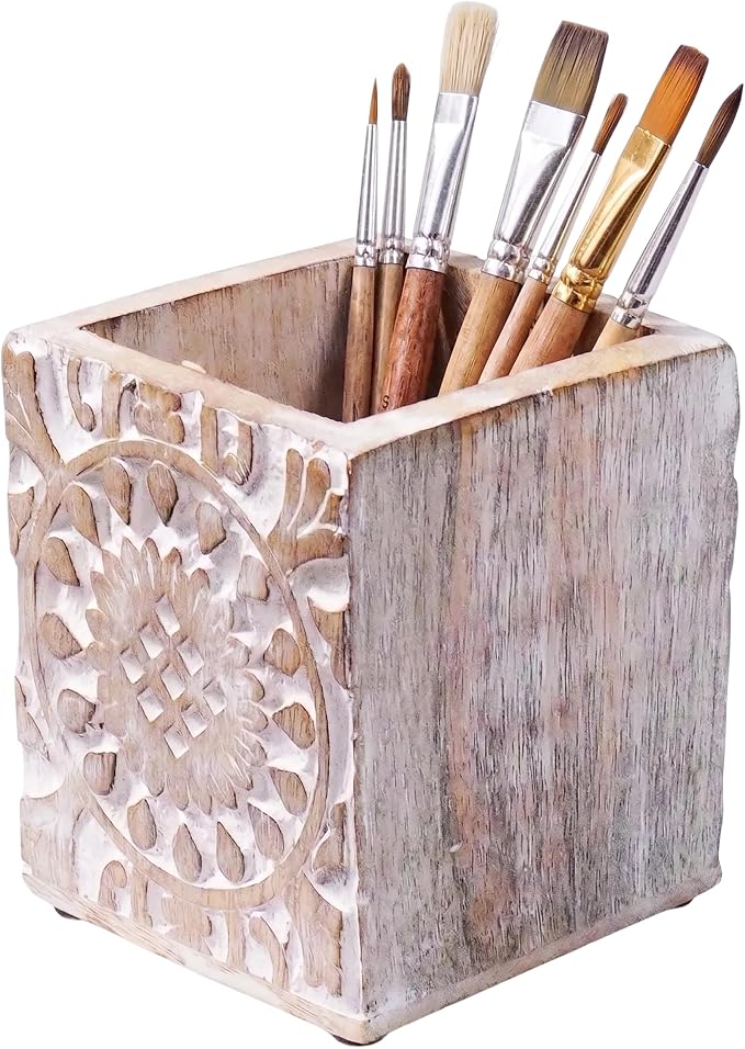 Ajenta Mango Wood Pen Holder - Whitewash | Hand-carved desk organizer pencil cup with felt base, handles pens, pencils, makeup brushes, art supplies and library decor.