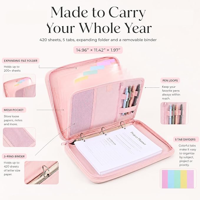 Sturdy 3 Ring Zipper Binder with Strap for School - Beautiful 1 Inch Zip Up Binder with 5-Tab Dividers Holds 420 Sheets, Books & Laptop - Easy to Carry Trapper Keeper Made of Premium Fabrics