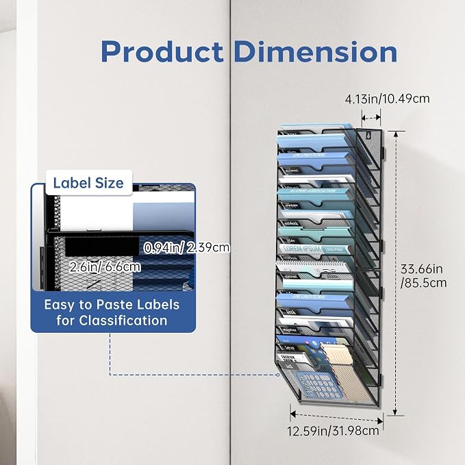14-Tier Wall File Organizer and Hanging File Organizer, Black | Wall Organizer and Wall Mounted File Holder with 14 Pockets and Label Panels for Files, Mail, Folders, Magazines and Paper