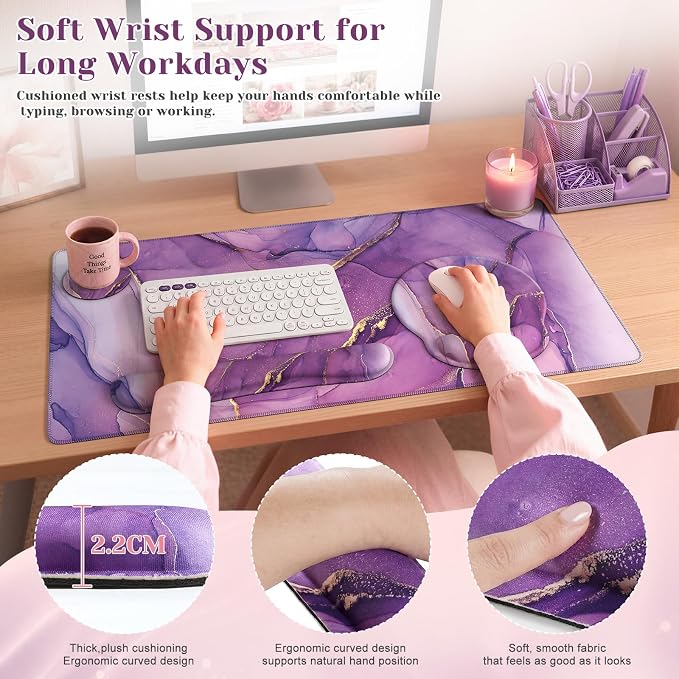 iCasso Purple Keyboard Mat 35.4"x15.7", Desk Blotter for Workspace | Mousepad Set with Wrist Support and Coaster Set, Cozy Desk Cover Set for Gaming Vanity Women Office Workspace Area