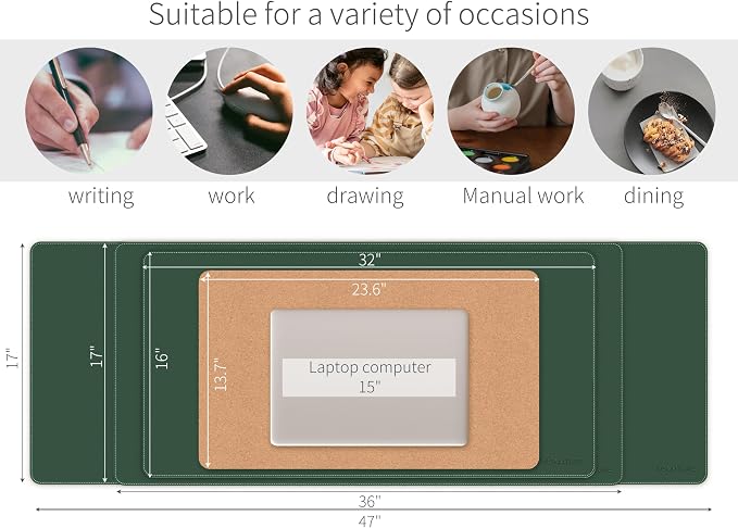 RENMTURE Dual-Sided Mouse Pad, Natural Cork & PU Leather Large Desk Pad for Office and Home Work, Desk Protector Non-Slip, Waterproof, Easy Clean (Dark Green, 47"x17")