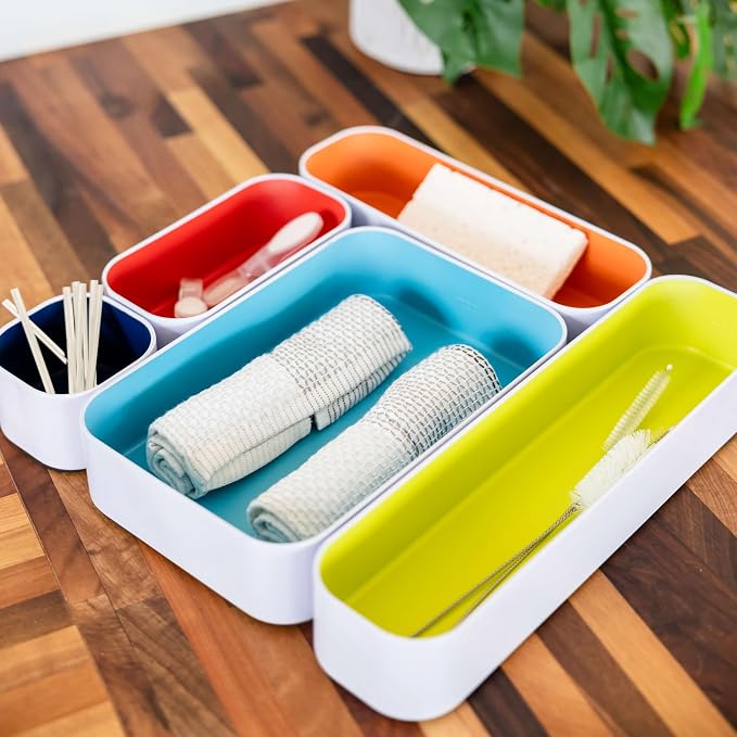 Three by Three Seattle Metal Drawer Organizer Tray Set, 5-Pc, 2" (Assorted) | Deep 2" food-safe metal bins; soft non-scratch base; perfect for kitchen utensils, tools & bulkier drawer items