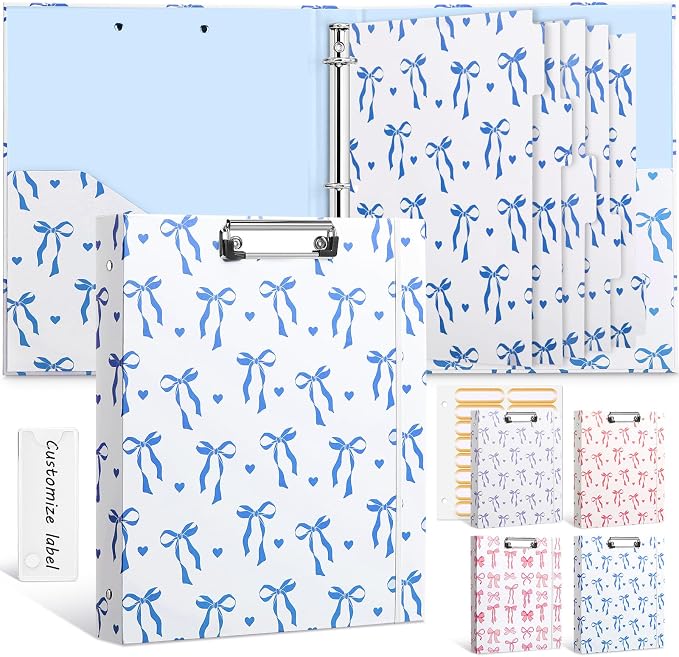 Colarr 3 Ring 1 Inch Blue Bow Binder with 2 Pockets Cute Bow Knot Clipboard Binder Organizer for Back to School 8.5" x 11" Letter Size 5 PVC Index Dividers with Tabs 18 Label Stickers Office Supplies