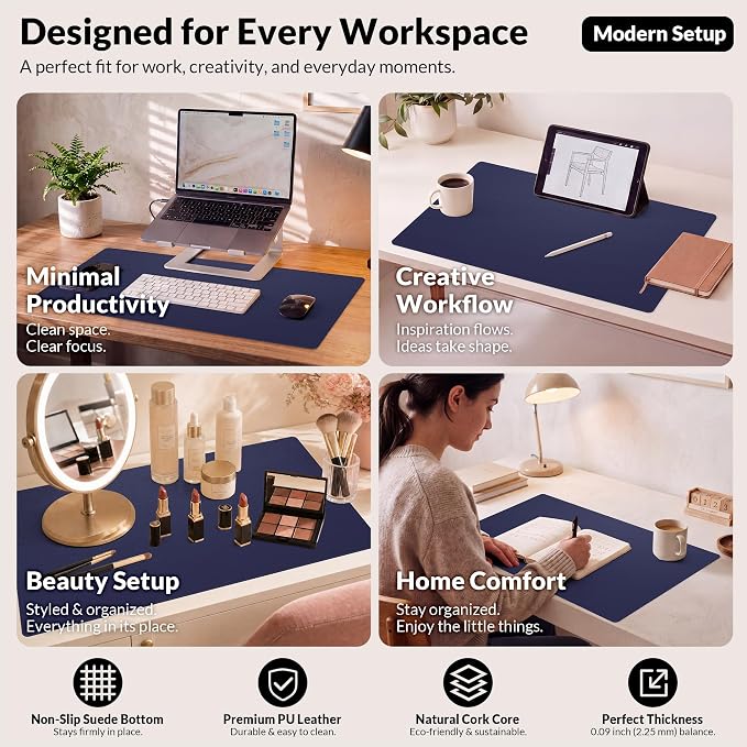 AFIING Desk Mat, Blue, 31.5" x 17", Cork Desk Pad Protector | Dual-Sided Cork & PU Leather, Waterproof, Non-Slip for Mouse Pad, Office, Home & Writing