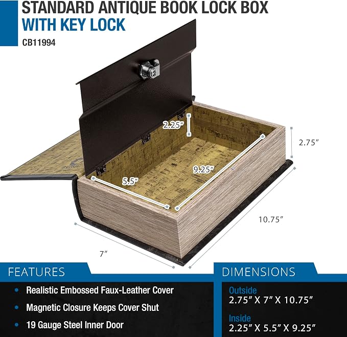 Barska Antique Book Lock Box with Key Lock | Steel safe with magnetic closure and key lock for passports, jewelry and cash