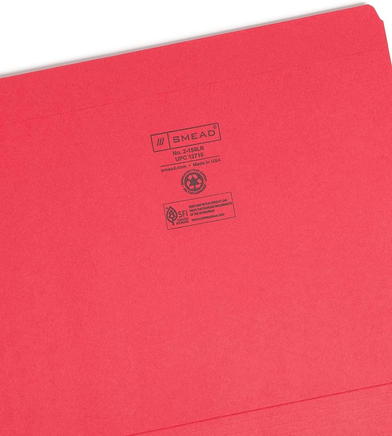 Smead File Folder, Reinforced Straight-Cut Tab, Letter Size, Red, 100 per Box (12710)