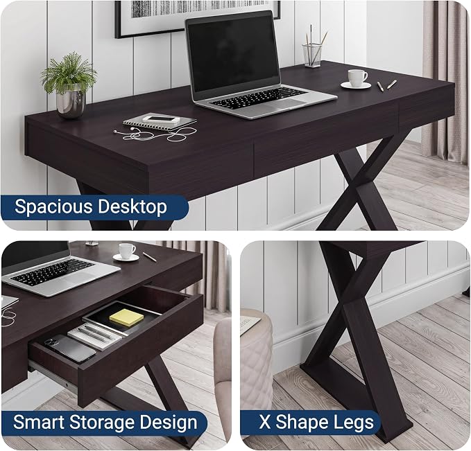 Techni Mobili 47" Trendy Writing Desk w/Drawer,Modern Home Office,Espresso | 47" modern writing desk with storage drawer, sturdy frame, sleek espresso finish, and compact workspace ideal for home office