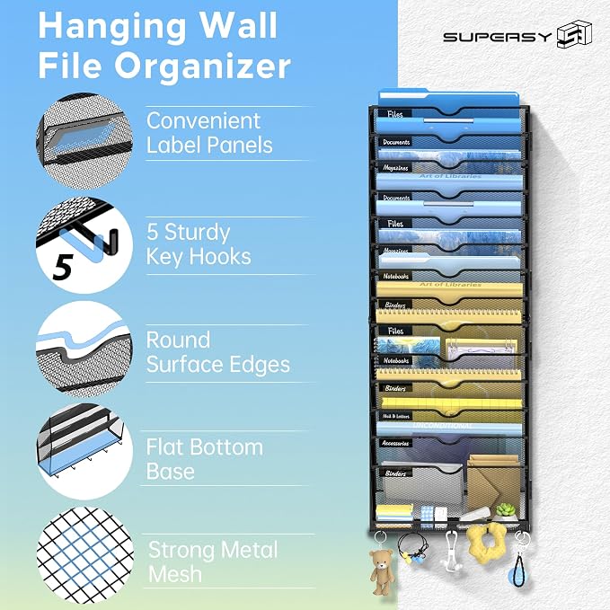 15-Tier Wall File Organizer with Hooks, Hanging File Organizer | Metal Mesh Mail Organizer, Wall Mounted File Organizer for Home, Classroom, Office Organization