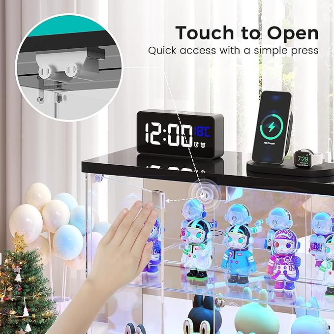 Dystler Glass Display Case with LED Lights, Small 2-Tier for Figures | Lighted Display Cabinet with Motion Sensor, Clear Tempered Glass Door, USB-C Charging Hub for Collectibles, Rocks, Tabletop