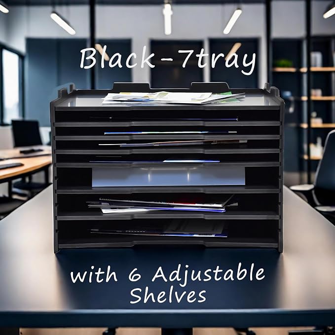 7 Tier Adjustable Shelves Office Desk Organizer,Wooden Desk File Organizer, Letter Tray, Document Letter Mail Tray Sorter, White/Black (Black-7tray(with 6 Adjustable Shelves))