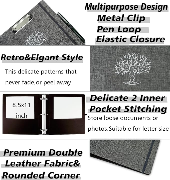 3 Ring Binder, 2 Inch Three Ring Linen Leather Binders Organizer with Clipboard for Letter Size Paper, Transparent Folder, 5 Tab Dividers, File Folder Labels, Pen Loop, Elastic Strap (Dark Grey)