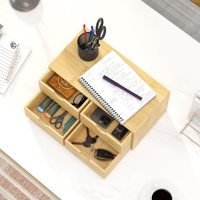 Bamboo Desk Organizer with Drawers, Desktop Storage Box for Office Supplies | 4 Drawers Desktop organizer, No Assembly Required, Natural Wood Wooden Desktop Drawers for Bills, Cosmetics, Seals, Paper