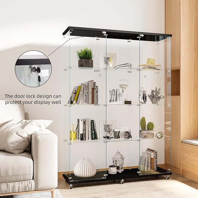 FLYMUHJIA Curio Cabinets with Glass Doors Modern Glass Shelves Tempered Glass Display Cabinet with Lock Figure Display Case (4-Shelf 3-Door, Black)