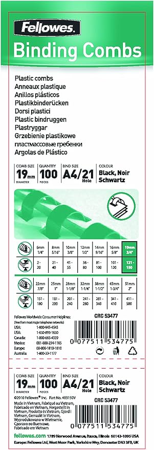 Fellowes Plastic Binding Combs, 19mm A4, 121-150 Sheet Capacity, 21 Rings, Black, Pack of 100 - Compatible with Comb Binding Machines