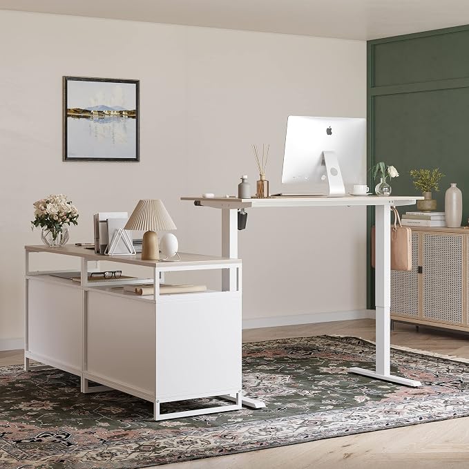 BANTI 66 Inches L Shaped Standing Desk with Drawers & Shelves, Executive Desk Adjustable Height Desk, Desk with Storage, Light Walnut Top/White Frame