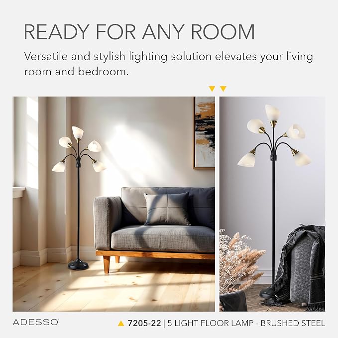 Adesso Floor Lamp with 5 Movable Shades & Adjustable Brightness, Brushed Steel Finish, Silver Perfect Lighting for Bedroom Decor, Beauty & Art Studio