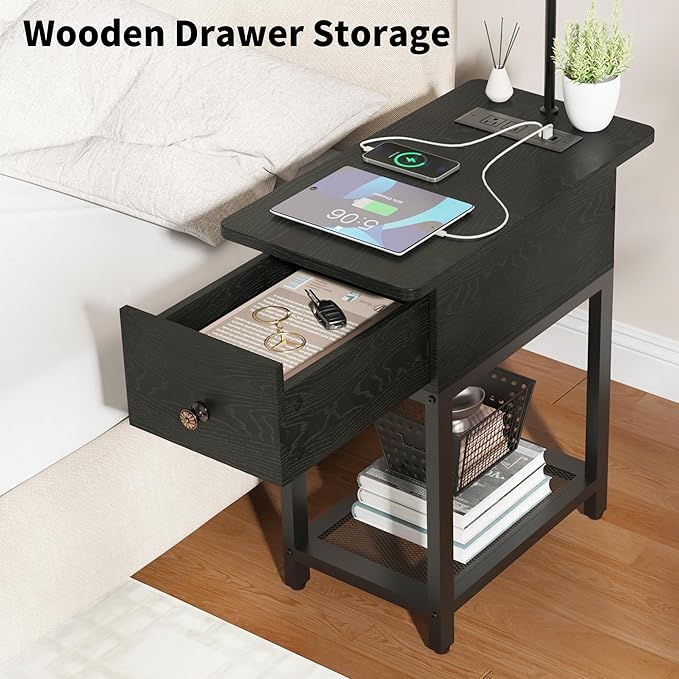runjuly Floor Lamp with Table, Narrow Side Table with Charging Station | Wood Drawer, Built in Type-C and USB Port, Open Shelves, Light Attached Nightstand, End Table for Living Room Bedroom, Black
