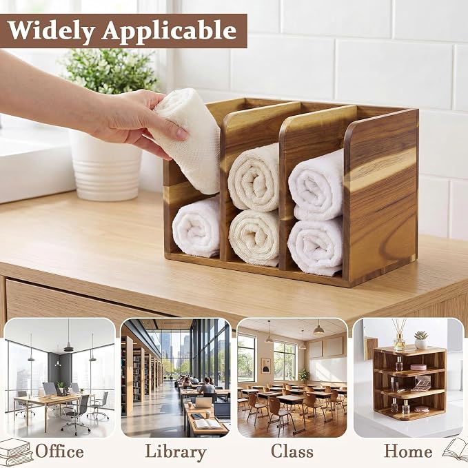 Novabright Acacia Wood File Magazine Holder Desk Organizer, 3 Vertical Compartments Workspace Sorters for Magazines, Binders, Notebooks, Envelopes