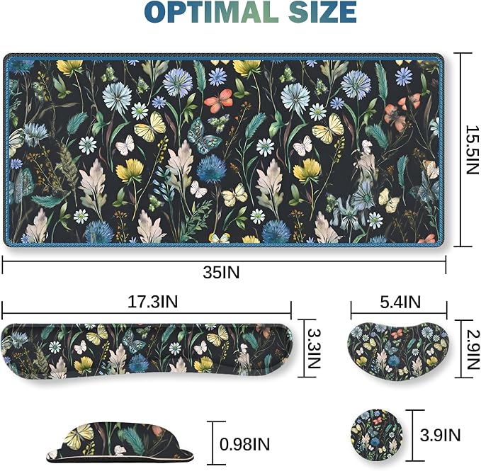 Keyboard Mouse Pad Set, Extended Mouse Pad with Keyboard Wrist Rest Support, Memory Foam Ergonomic Desk Pad Set for Home Office, Flower Leaf Butterfly