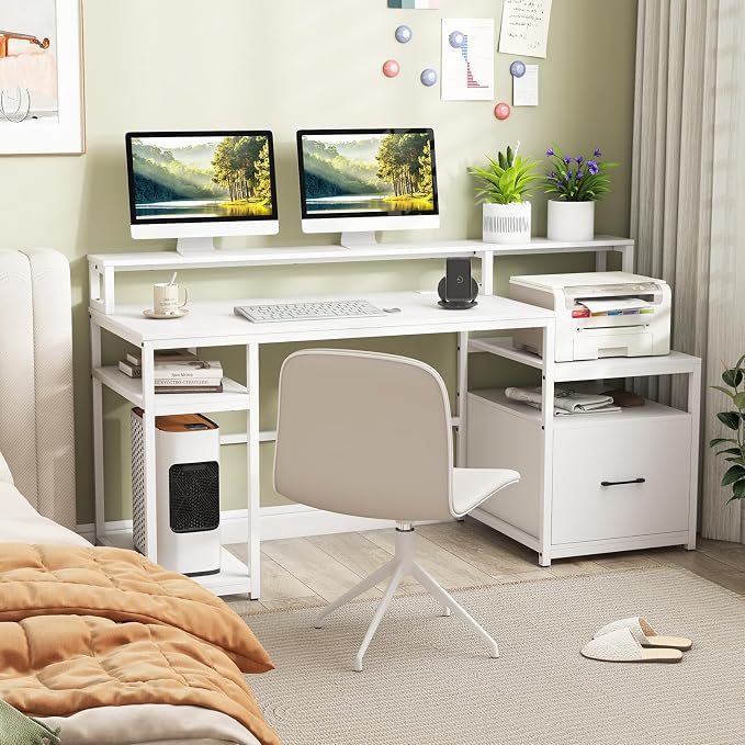 GIANTEX Computer Desk with Drawer, 66 Inch Computer Workstation with Charging Station, Monitor Stand, Printer Cabinet, CPU Stand & File Drawer, Gaming Table Writing Desk for Bedroom, White