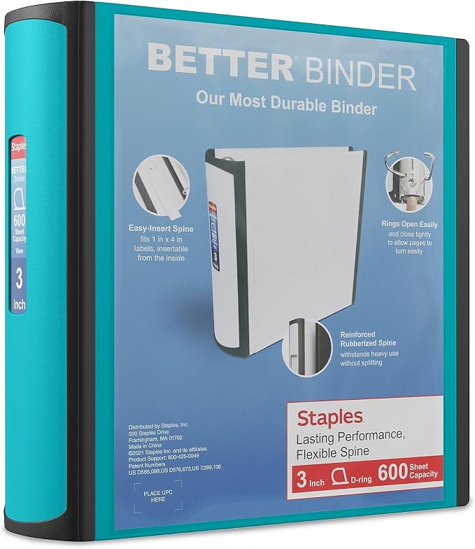 Staples Better Binder, 3-Inch 3-Ring View, Light Blue, 2-Pack | Durable binder for office and school document organization and storage.