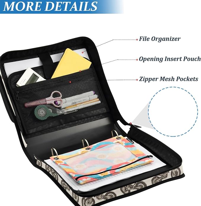 Fisyme Vintage Dirt Bikes Zipper Binder 3 Ring with Zipper and Shoulder Strap Large Capacity Multi-Pocket Binder Organizer