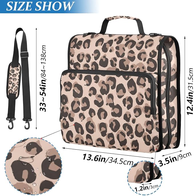 Fisyme Leopard Cheetah Print Zipper Binder 3 Ring with Zipper and Shoulder Strap Large Capacity Multi-Pocket Zipper Binder Organizer