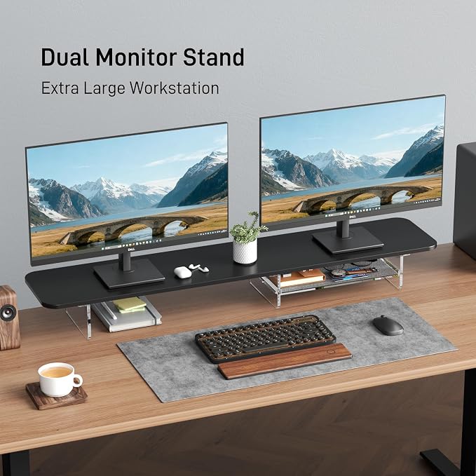 AFOOYO Large Dual Monitor Stand For Desk,43 Inch Desktop Computer Riser with Felt Drawer Acrylic Legs Desk Shelf Organizer For Computer/Laptop/PC/Printer/TV
