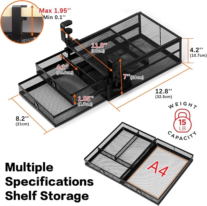 ROSYLINE Under Desk & Desktop Drawer Organizer, 2-Tier Big Capacity | Steel Construction, Clip-On No Drill Installation, Fits A4 Paper, for Office & Household Supplies