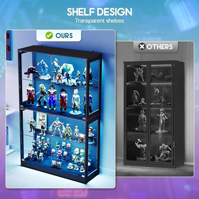 AMERLIFE 32-Inch RGB Display Cabinet with Glass Shelves | 70 H x 32 W x 16 D In, 4-Tier Storage, RGB LED Lights, Press-to-Open Doors, for Collectibles, Black