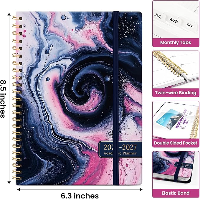 Taja Planner 2026-2027, Jul 2026-Jun 2027 Monthly & Weekly Calendar Planner | 6.3" x 8.5", Hardcover Academic Calendar, Teacher Student Agenda Book with Tabs, School Office Supplies, Pink Vortex