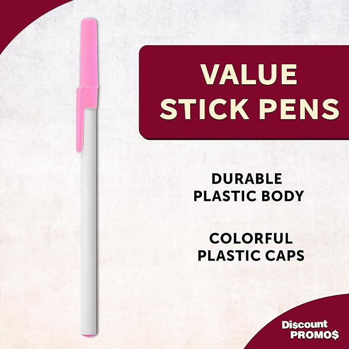 DISCOUNT PROMOS Value Stick Pens Set of 10, Bulk Pack - Black Ink, Great for Office, School, Business, Tradeshows, Events - Pink