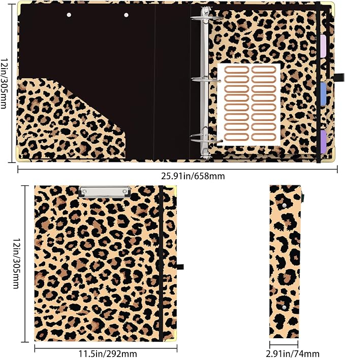 3 Ring Binder 2 Inch Round Ring Binder with 6 Tab Dividers，2 Interior Pockets，Cute Binder Clipboard with Storage, for School Office, Portfolio(Cheetah Spots)