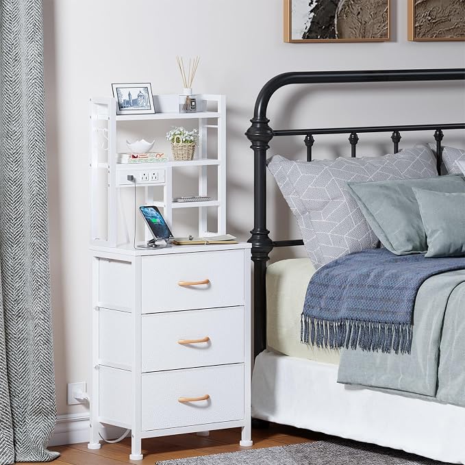 Tall Nightstand, White Night Stand & Bedside Table for Bedroom | LED Lights & USB Ports & type-C, 3 PVC Fabric Drawers and 4-Tier Storage Shelf, Bedside Table for Bedroom, Dorm