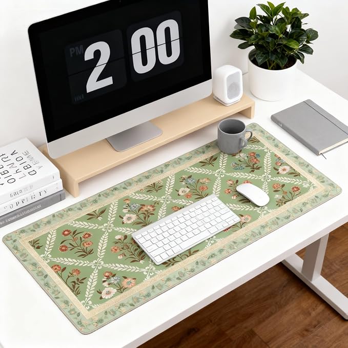 XXL Large Floral Mouse Pad - Sage Green Flower Desk Mat with Stitched Edges & Anti-Slip Base, Computer Keyboard Mat for Office & Home, Desk Decor for Women