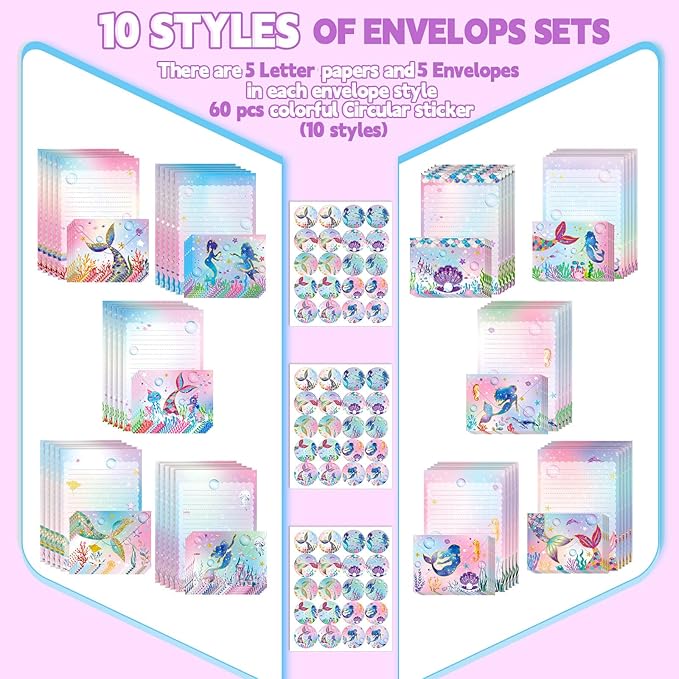 TaoBary 160 Pcs Stationery Paper Set 50 Double Sided Stationery Papers with 50 Matching Envelopes and 60 Round Dot Sticker, 10 Design(Mermaid,5.5 x 8.25 Inch)