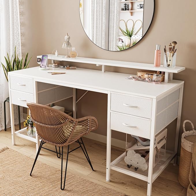 Huuger 55 inch Computer Desk with Power Outlets & 4 Drawers | Gaming Desk with LED Lights, Home Office Desk with Large Storage Space for Bedroom, Work from Home, White
