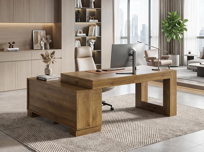 LITTLE TREE L Shaped Executive Desk, Large 63" Executive Desk with File Cabinet, Modern L Shaped Desk, Corner Computer Desk for Home Office & Business Furniture Workstation, Brown