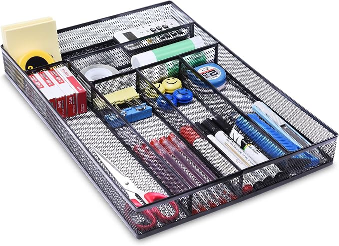 WuGeShop Desk Drawer Organizer with 6 Compartments, Mesh Drawer Organizer Tray for Stationery, Office Supplies Desktop Storage, Black