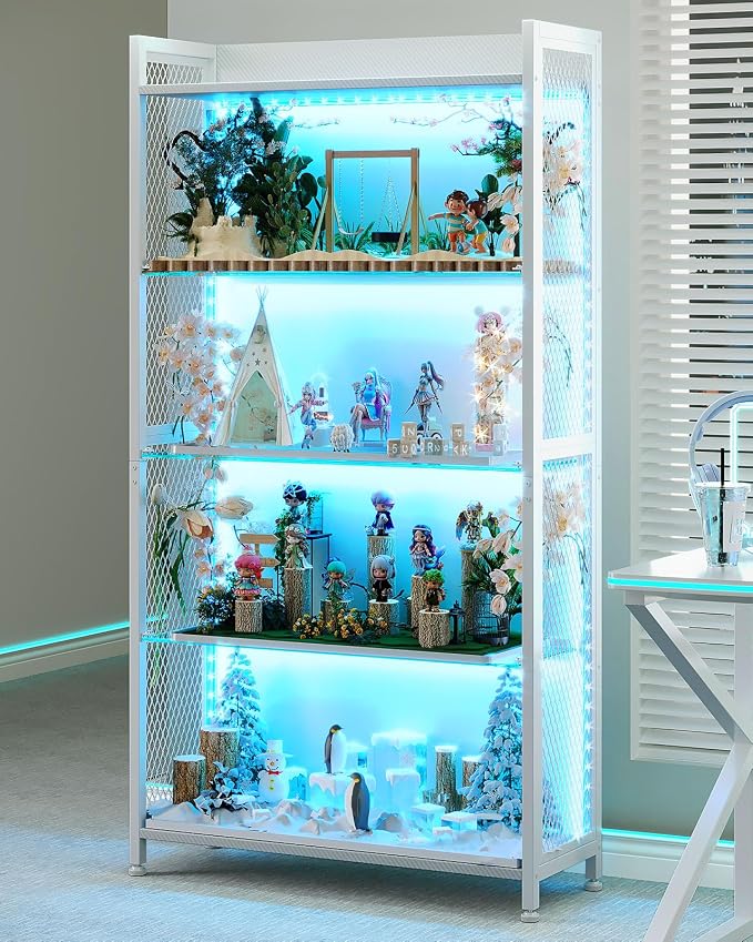 AODK Display Case with Glass Shelves & LED Lights, White Display Cabinet | 4-Tier Display Shelf with Industrial Metal Mesh, Open Storage Shelves for Collectibles, Curio Cabinet, Book Case