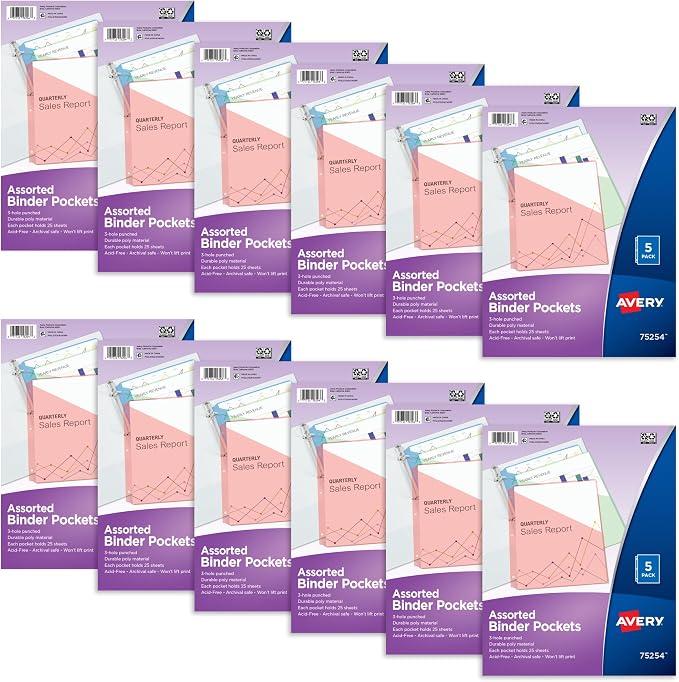 Avery Binder Pockets for 3 Ring Binders, Assorted Colors, for 8.5" x 11" Documents, Acid-Free and Archival-Safe, 5 Folders per Pack, 60 Total (12 Packs of 75254)
