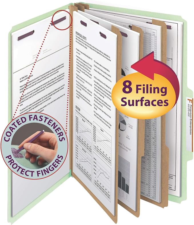 Smead Pressboard Classification File Folder with SafeSHIELD Fasteners, 3 Dividers, 3" Expansion, Legal Size, Gray/Green, 10 per Box (19091) (Pack of 1)