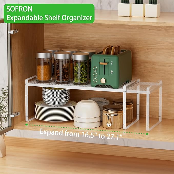 SOFRON Expandable Cabinet Storage Shelf Stackable Organizer Rack for Kitchen Bathroom Pantry Spice Cupboard Coffee Countertop Home Office Desk Heavy Duty Nonslip White Large 1 Pack