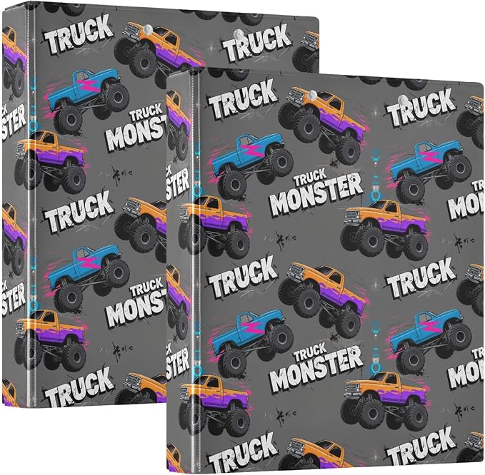 Monster Truck Black Round Ring Binders 1.5 Inch Racing Cars 3 Ring Clipboard Binder for Office School Work Supplies File Folder 200 Sheet Capacity