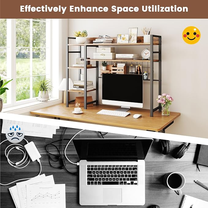 WAYTRIM Desk Shelf, Wood Desk Organizer Shelf 4 Tier Countertop Desktop Bookshelf Cubicle Storage Rack Top of Desk, Desk Hutch Dorm for Top of Desk Pegboard Hooks Set Desktop Display Rack (Brown)